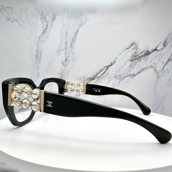 New CHANEL Eyeglasses Black Gold Cat Eye Clear Rotating Pearls 52mm - Picture 11 of 15